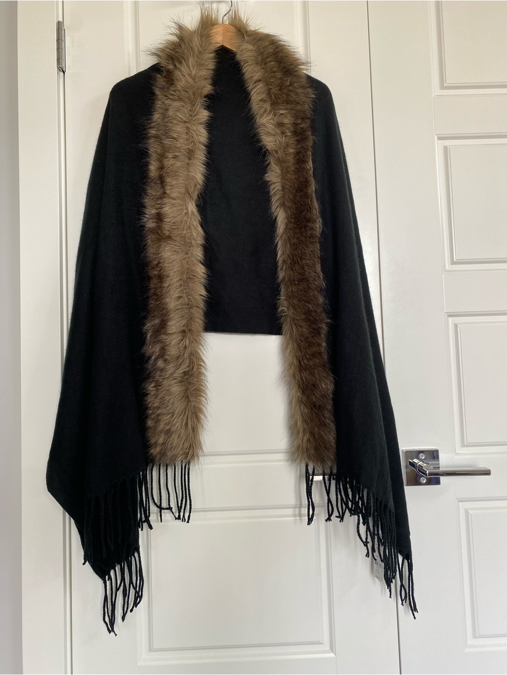 New Black Faux Fur Trim Wrap Shawl - Elegant Women's Accessory
